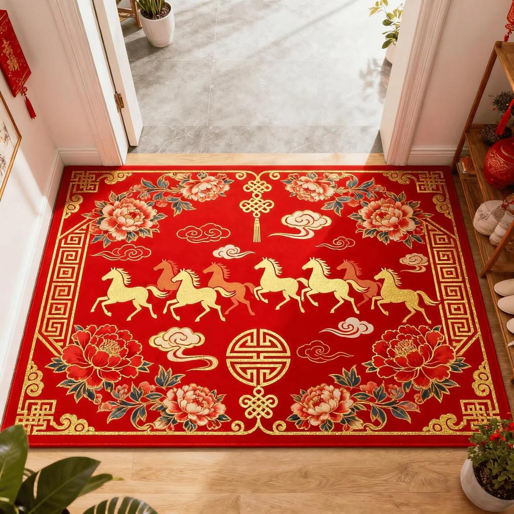 Chinese Style Carpet Red Horse Pattern Carpet Chinese New Year Living Room Entrance Non Slip Mat Home Decoration Rug