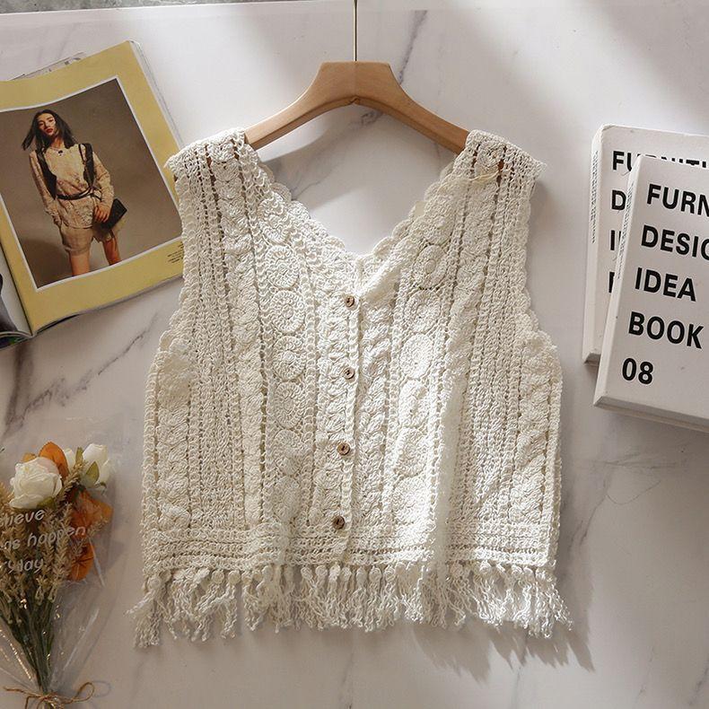 French Niche Design Hollowed-out Crocheted Knitted Waistcoat Vest for Women To Wear Outside In Summer Loose Tassel Sleeveless Spicy Girl Top