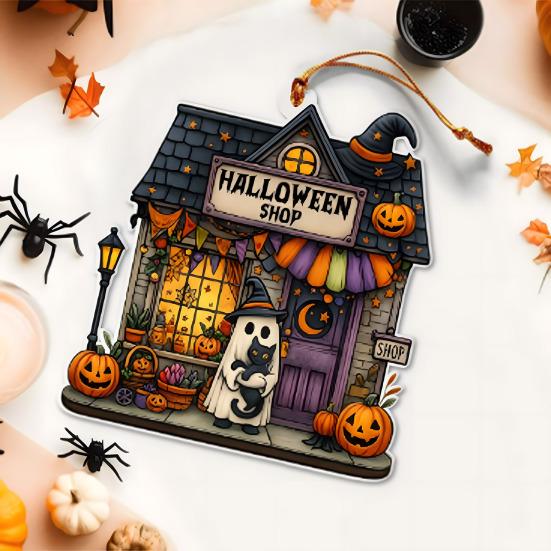 Cute Ghost Reading Book Ornament 2D Acrylic Ghost Pumpkin Window Hanging Decoration for Halloween Home Party Decor