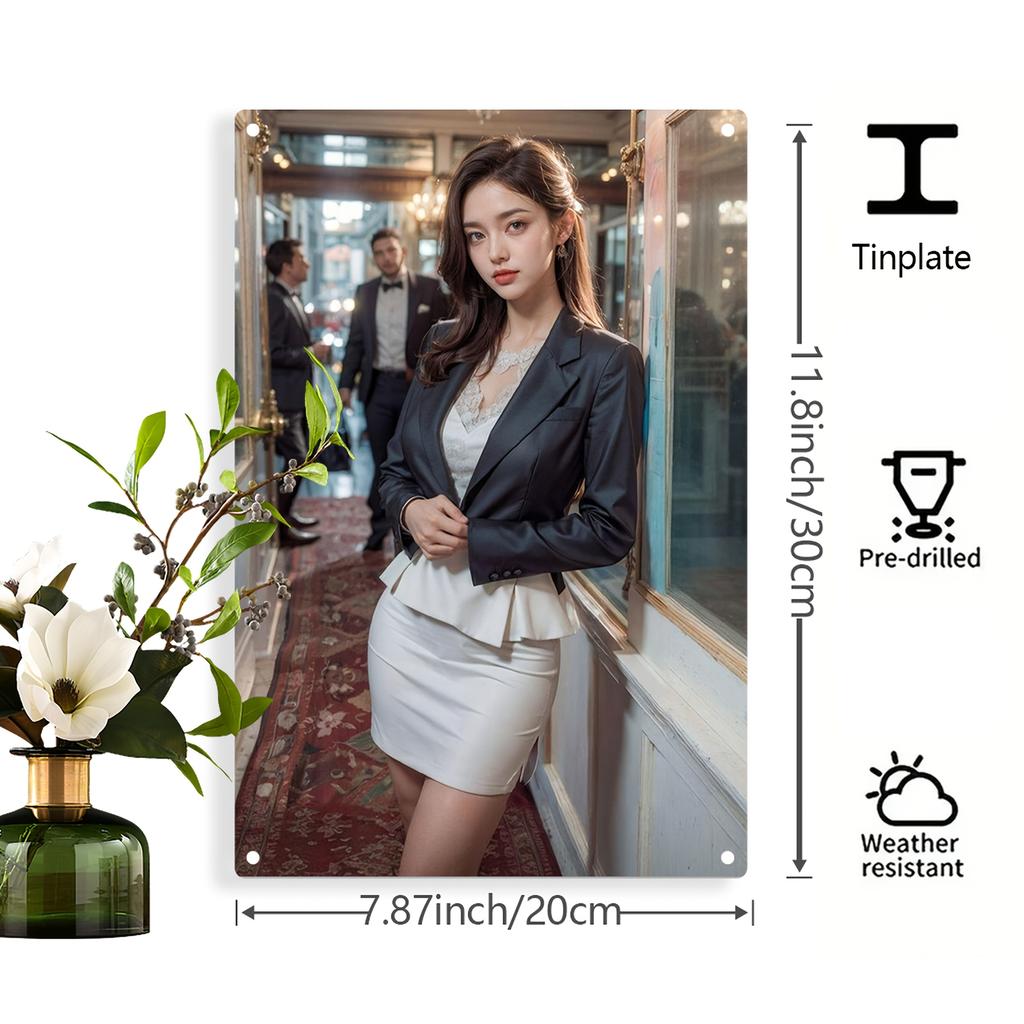 ArtyFame Elegant 2D Flat Metal Wall Art, Pre-Drilled Holes, Modern Woman In Black Blazer White Skirt Social Scene