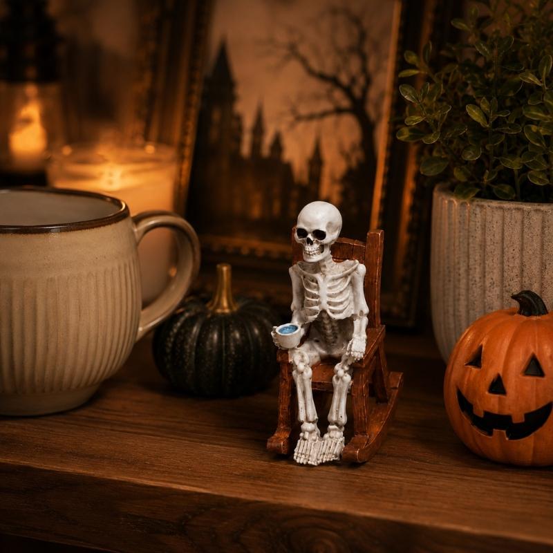 Halloween Rocking Chair Figure for Shelf Display and Room Styling, Skull Home Accent for Bookcase and Entry Placement