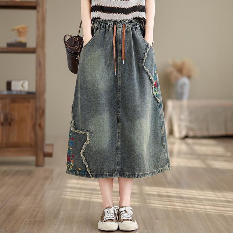 DIMANAF 2025 Women Plus Size Spring Summer Denim Skirts Elastic Waist Casual Loose Vintage Long A-Line Maxi Skirt 2024