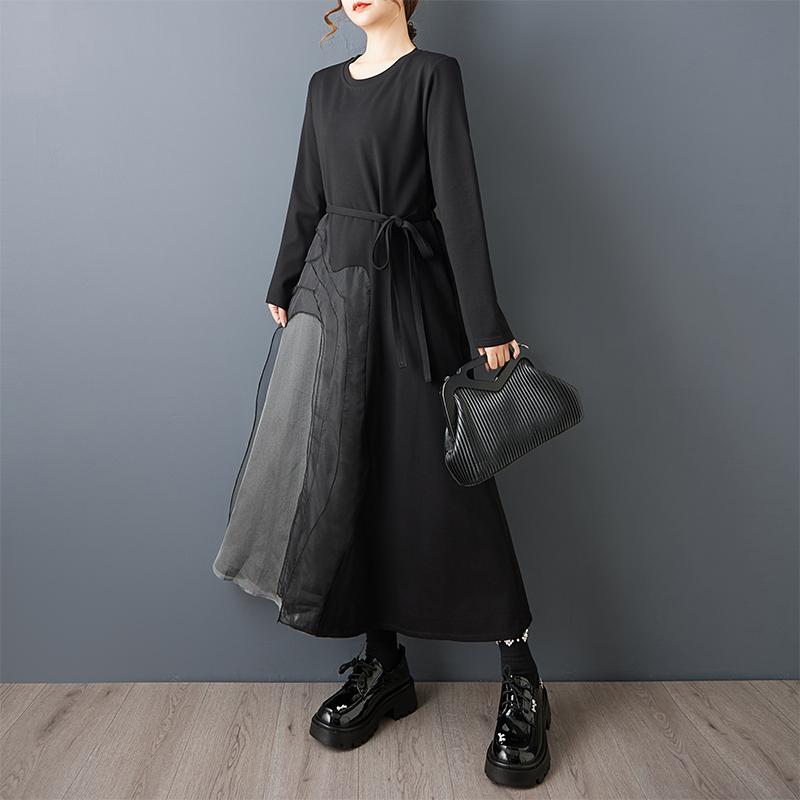 DIMANAF Übergröße Damen Locker Langarm Kleid Neu Winter Herbst Elegant Dame Maxi Kleid Schwarz 2026