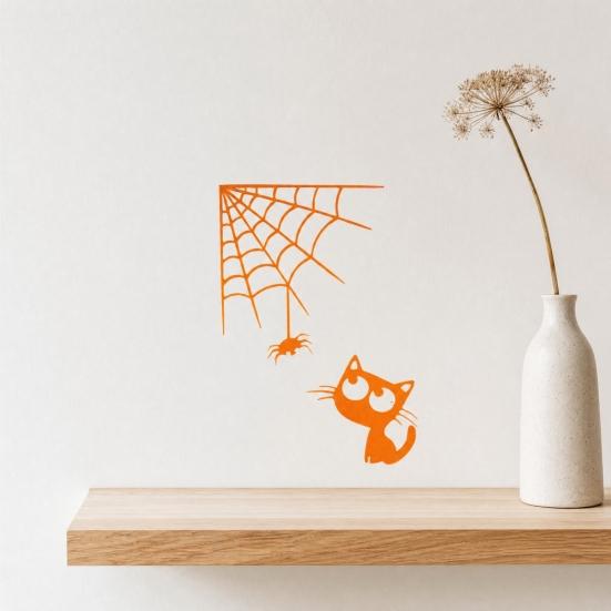 3D Printed Spider Web Cat Wall Decor, Orange Halloween Hanging Ornament, Spooky Cute Spider Cat Figure for Home Party Decoration