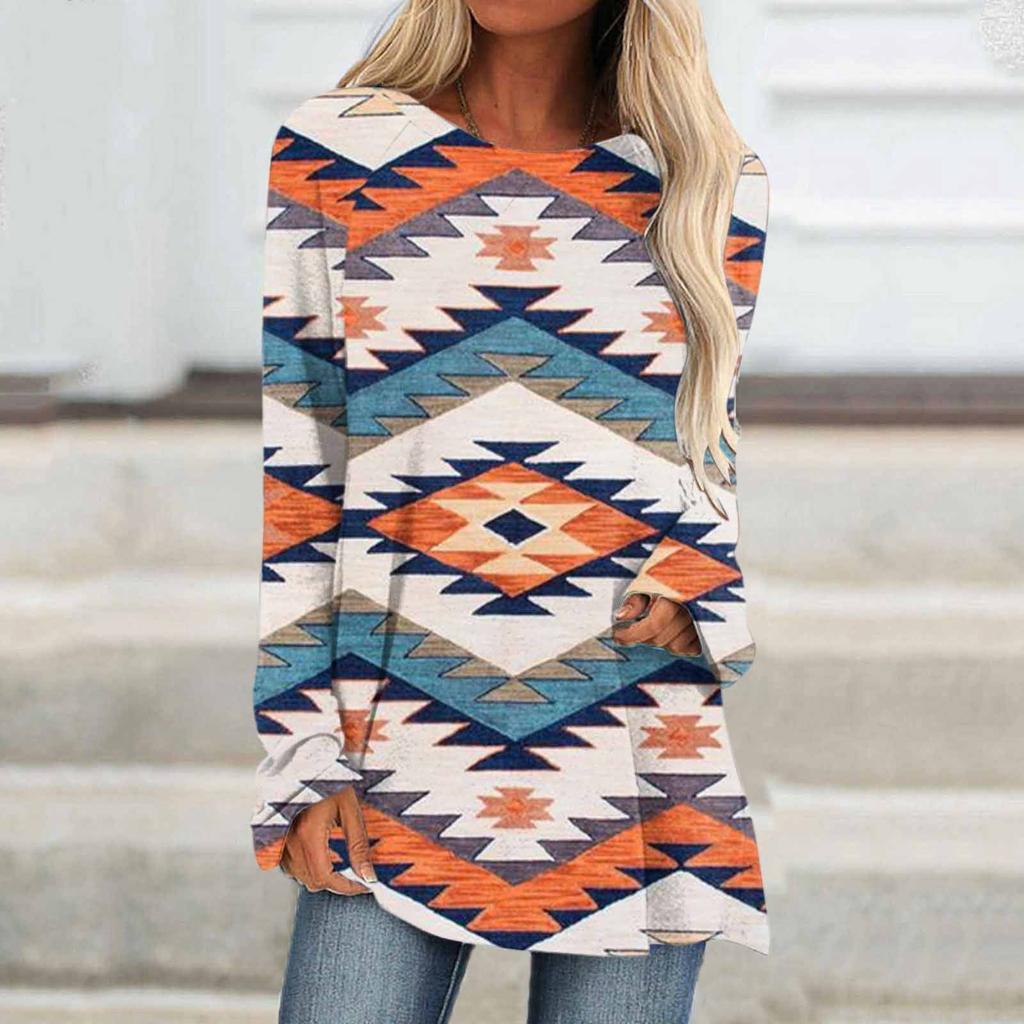 Ethnic tribe geometric print autumn casual comfortable women's long sleeve T-shirt Urban street trend fashion women long sleeve