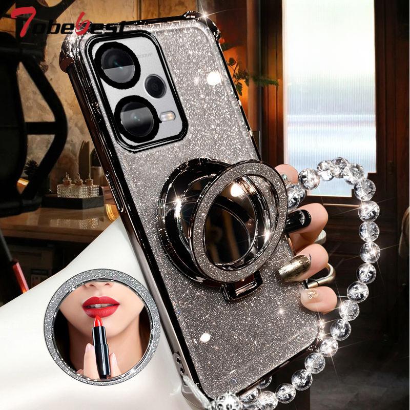 Shockproof GLITTER Plating Crystal Bracelet Mirror Magsafe phone holder Case For Xiaomi Poco X5 Pro 5G Cover