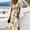 Women's Casual Hawaiian Floral Print V Neck Short Sleeve Midi Dress Summer Beach Vacation Dress