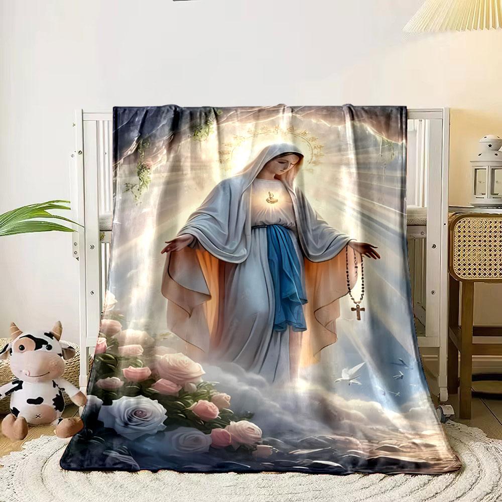 Blessed Mother Rosary Floral Throw Blanket Printed Blanket for Living Room Bed Couch lunch break Soft Cozy Blanket for Friend's festival Gift