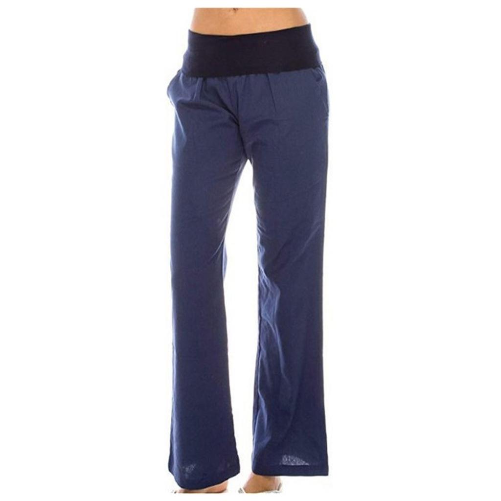 Women's Casual Cotton Linen Straight Pants Elastic Waist Solid Wide Leg Pants