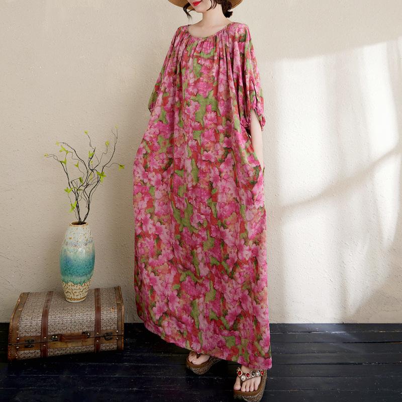 Real Shot Summer New Literary Large Size Loose Printing Round Neck Five-quarter Sleeve Dress Women's Long Dress