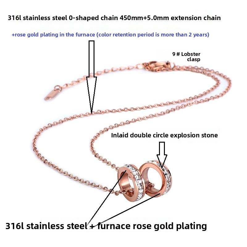 Rose Gold Double Ring Diamond Stainless Steel Necklace Pendant Sticky Diamond Pendant Bag Chain Titanium Steel Necklace Internet celebrity jewelry