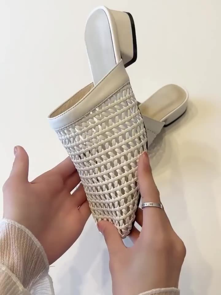 Fashion Shoes PU Fretwork Heels Low Ladies' Slippers Cover Toe Soft Rome Slides Rubber Concise Fabric Hoof Shoes Slippers Soft PU Cover