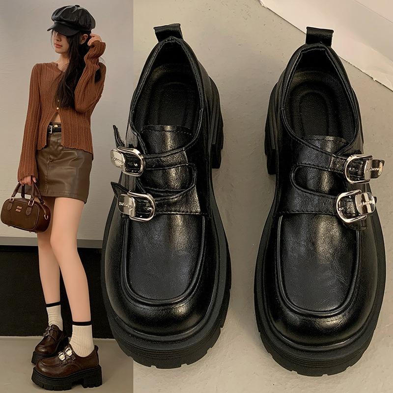 Small Leather Shoes Women's New British Platform Thick Heel Heightening Single Shoes Spring