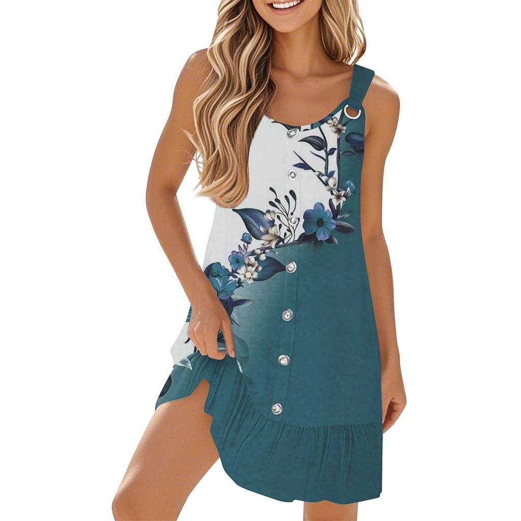 Damen Freizeit Ärmellos Knopfleiste Blumenmuster Kleid mit Saum Saum