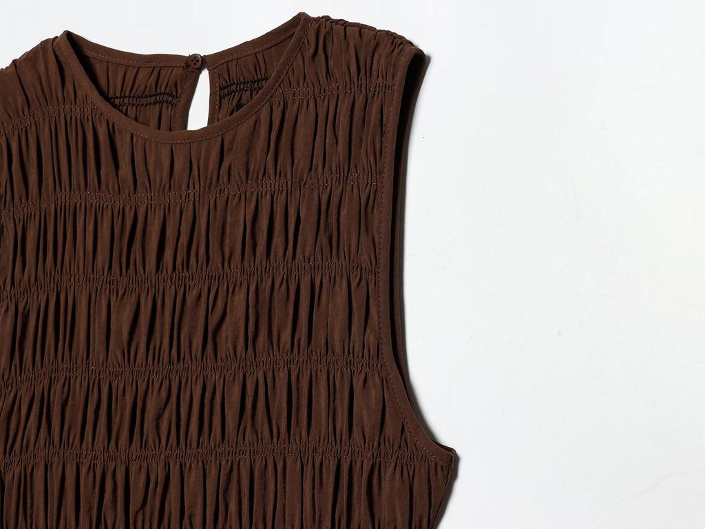 2026 Hot-Selling Retro Coffee Pleated Sleeveless Women's Long Dress with Waist-Cinched Big Hem