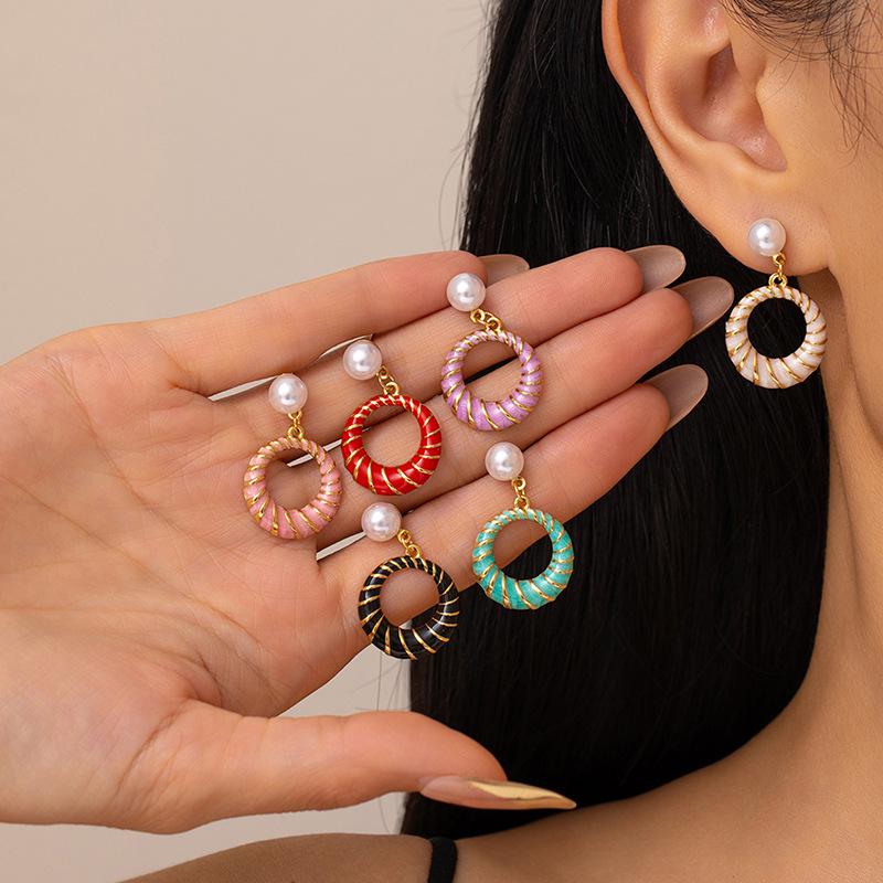 Colorful Stainless Steel Pearl Hollow Stud Earrings for Women - High-Grade Titanium Steel.