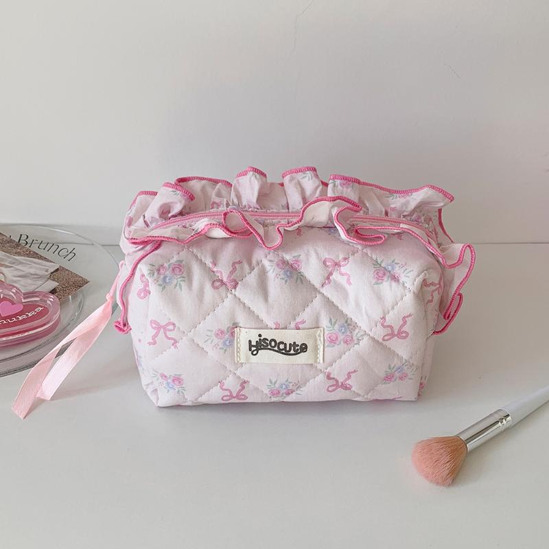 Chic Bow Flower Quilting Cotton Cosmetic Bag for Women, Zippered Makeup Organizer, Portable Cloth Toiletry Handbag for Girls