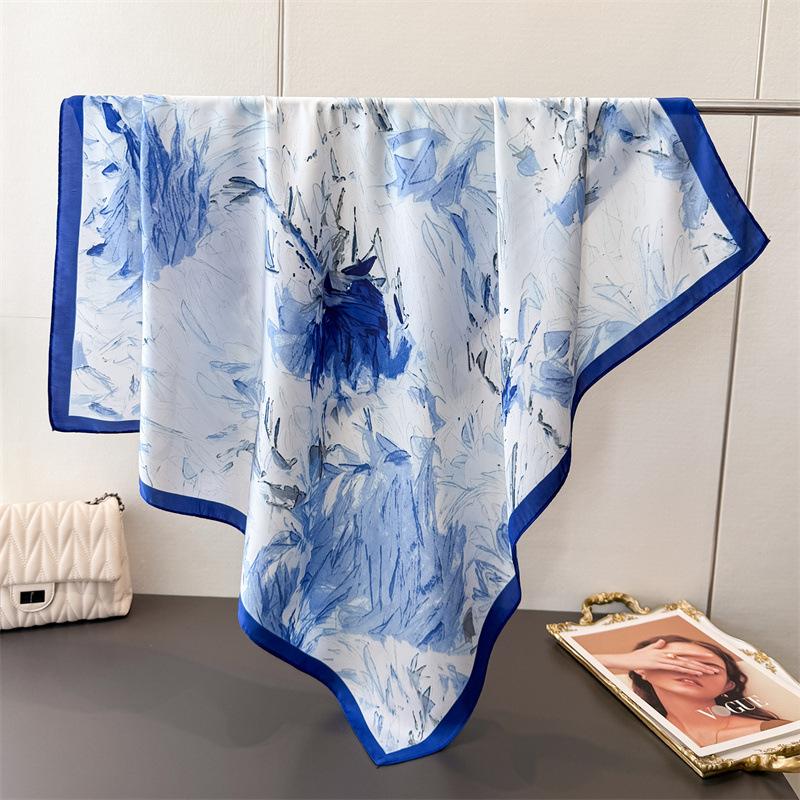 Temperament Literary Simulation Silk Printing Large Square Scarf Silk Scarf Shawl Headscarf Beach Scarf Neck Protection Scarf Women