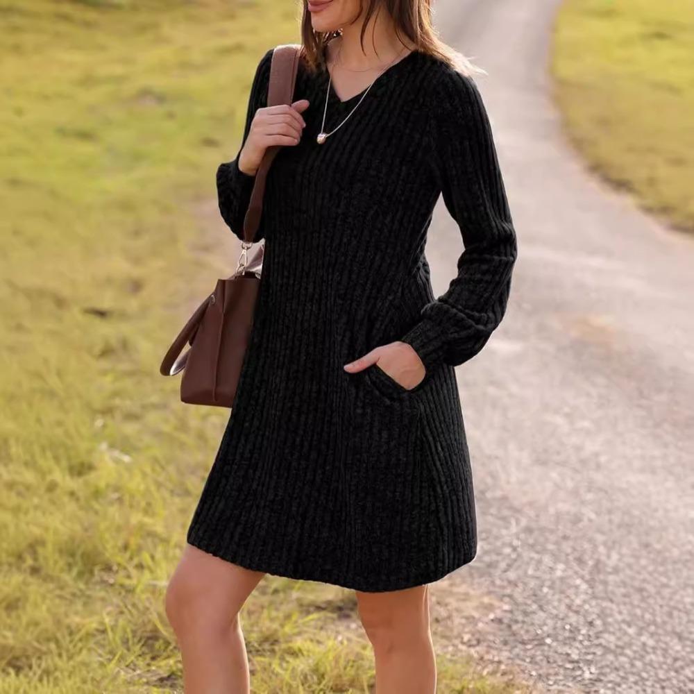HNXC Women's Fashion Autumn Winter Solid Color Print Long Sleeve V-Neck  Casual Dresses