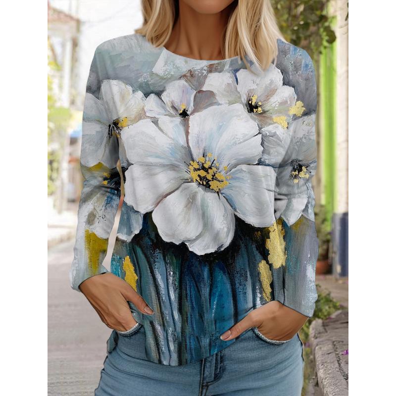 T-shirt manches longues ras du cou femme, design tendance, impression florale 3D, style fin, coupe régulière, printemps/automne