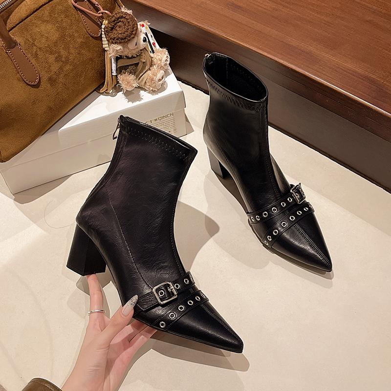 

Fashion 2025 Autumn and Winter New Pointed Toe Booties Women s Block Heel Niche High Heel Boots 35