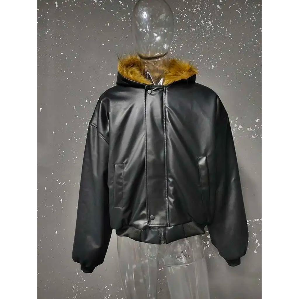 STREETRICH Pánské prošívané bundy Americký styl PU kůže Oboustranné Faux Fur Fleece Zesílené Jednobarevné Volné Pánské kabáty Trendy