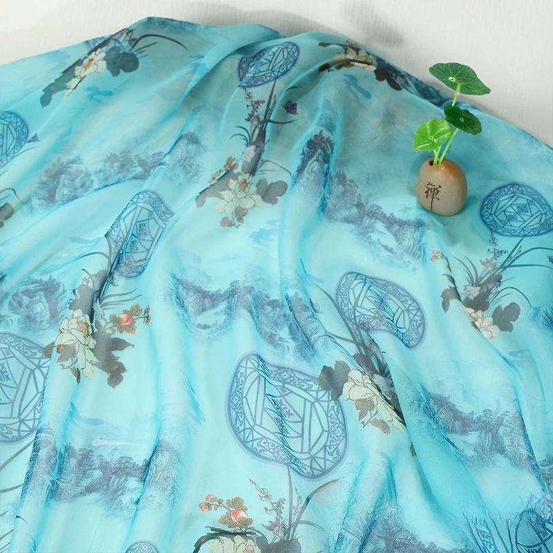Hedvábný šátek dekorativní 30D Tištěný šifon Inkoustová malba Čínský styl Látka Starobylý kostým Hanfu Sukně Gáza Gázová oděvní látka