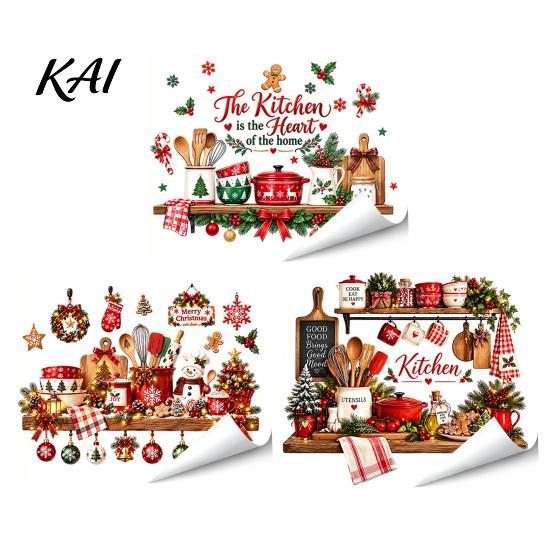 Christmas Party Scene Decoration Kitchen Wall Sticker, Self Adhesive PVC Decal, Festive Utensils Easy Apply Holiday Art Seasonal Holly Gingerbread Man