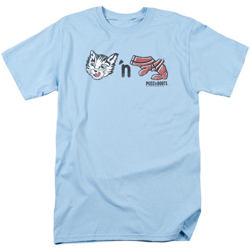 Puss N Boots Rebus Logo T-shirt Mens Licensed Cat Food Treats Pet Light Blue XXXL