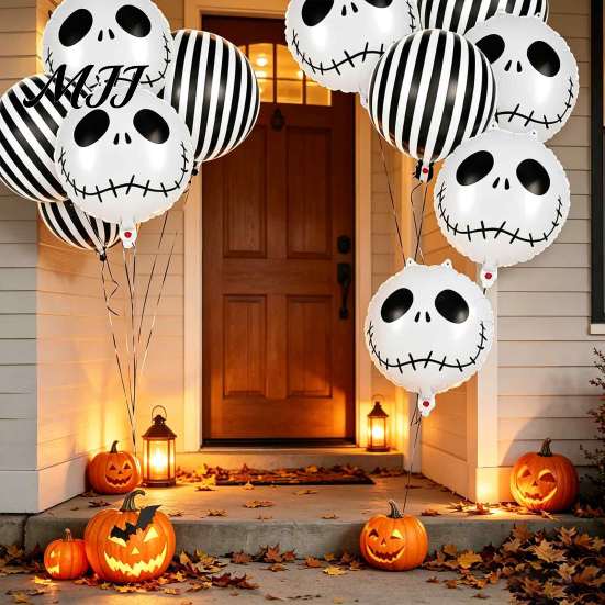 Mall Event Decorations 12PCS Halloween Skull Balloon Set, Aluminum Foil Balloons, Black And White Spooky Carnival Party Favors Striped Realistic Print