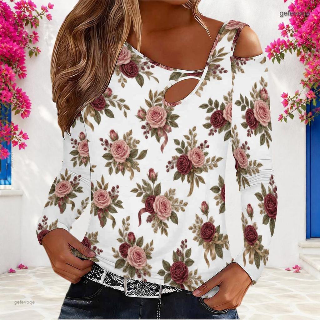 Women Plus Size White Asymmetric Cutout Neck Cold Shoulder Long Sleeve Floral Printed Fitted Top