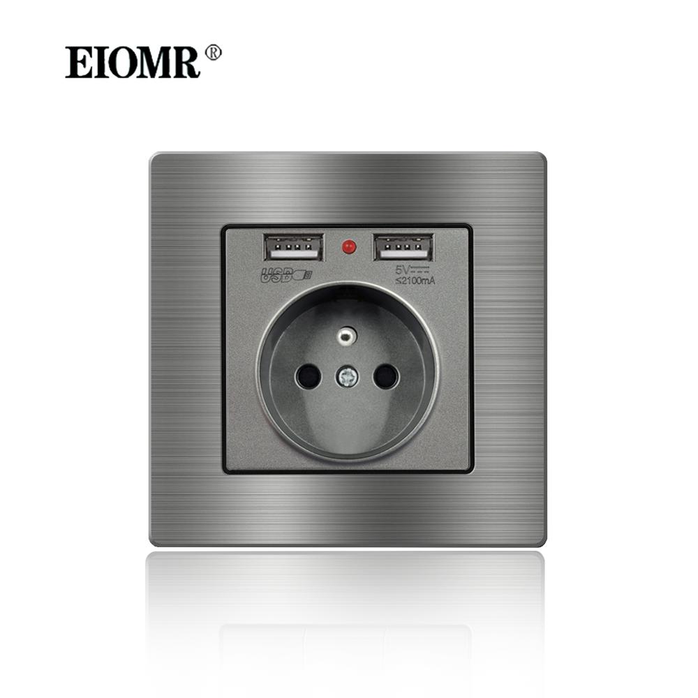EIOMR France Standard Electrical Socket Grey Aluminum Alloy Panel Light Switch Rj45 Tv 220V 16A Wall Outlets for Home Appliance