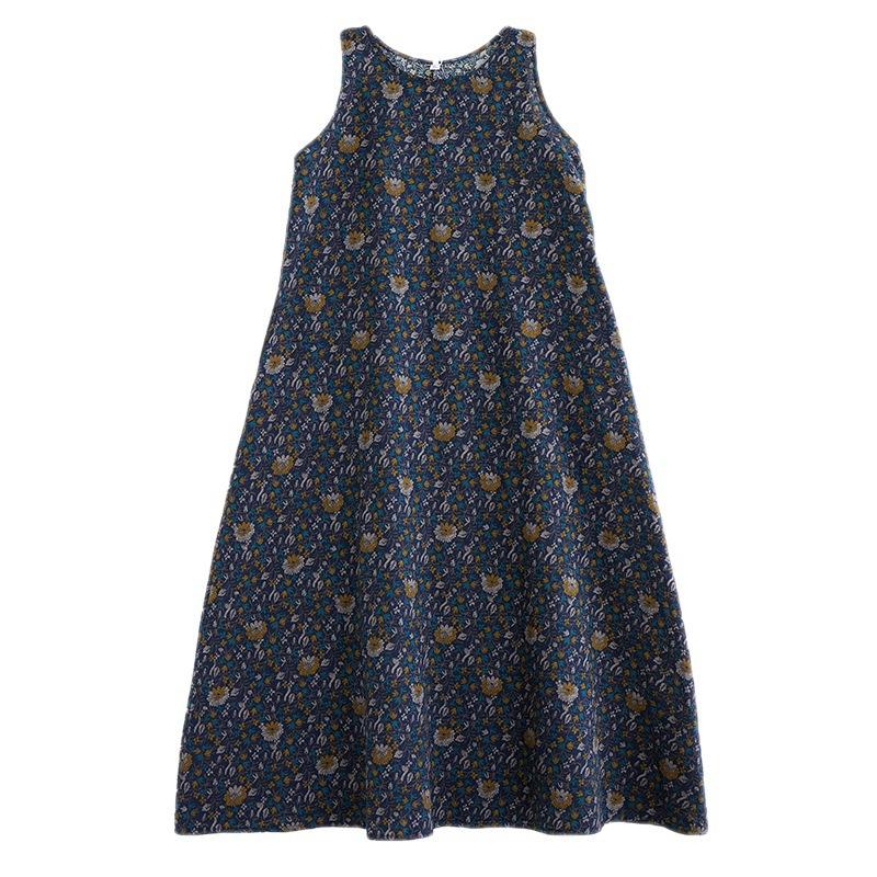 Sommer Baumwolle Leinen Künstlerisch Lockerer Druck Retro Floral Ärmelloses Westenkleid für Frauen