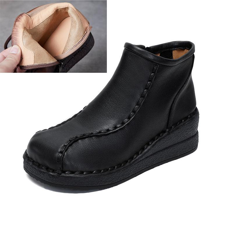 Johnature Retro Soft Soled Wedges Short Boots Genuine Leather Women's Shoes Round Toe Plush Cotton Boots