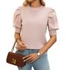 Women Knitting Tops Round Neck Puff Short Sleeve Solid Color Summer Tops