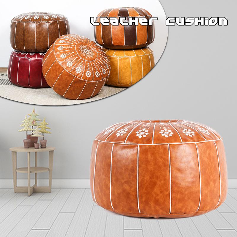 Nordic Style Moroccan Artificial Leather Pouf Craft Mandala Embroidery Ottoman Cover Footstool Round Unstuffed Cushion Cover