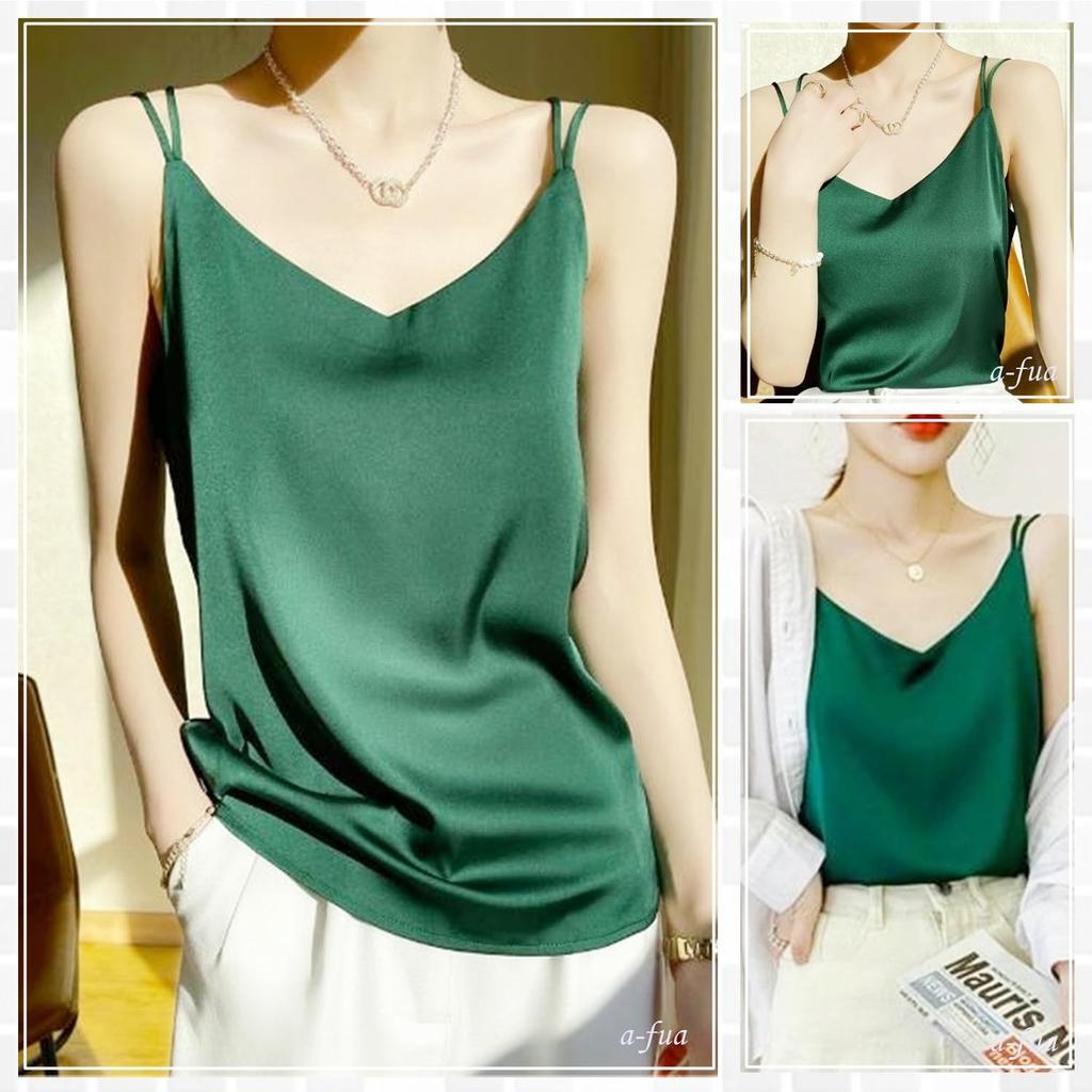 Satin Sexy Top for Women a-fua Camisole, Show-Off Cami, Cupless, Glossy, Smooth, Silk-Like, Beautiful, Cross-Back, (Champagne White, XL)