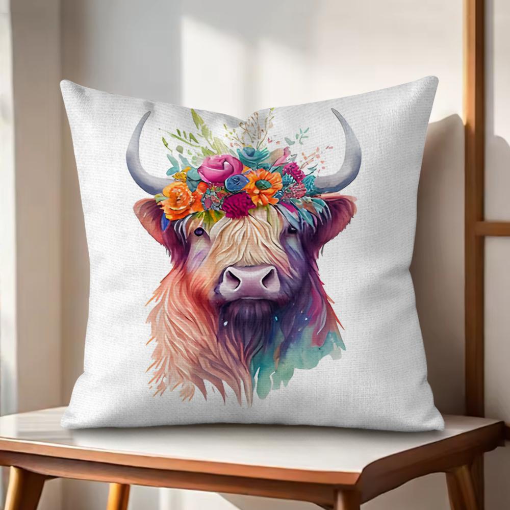 Highland cow  flower Cushion Cover Natural Linen Organic Fabric DoubleSided Printing Couch Pillow Covers Home Decor Gift