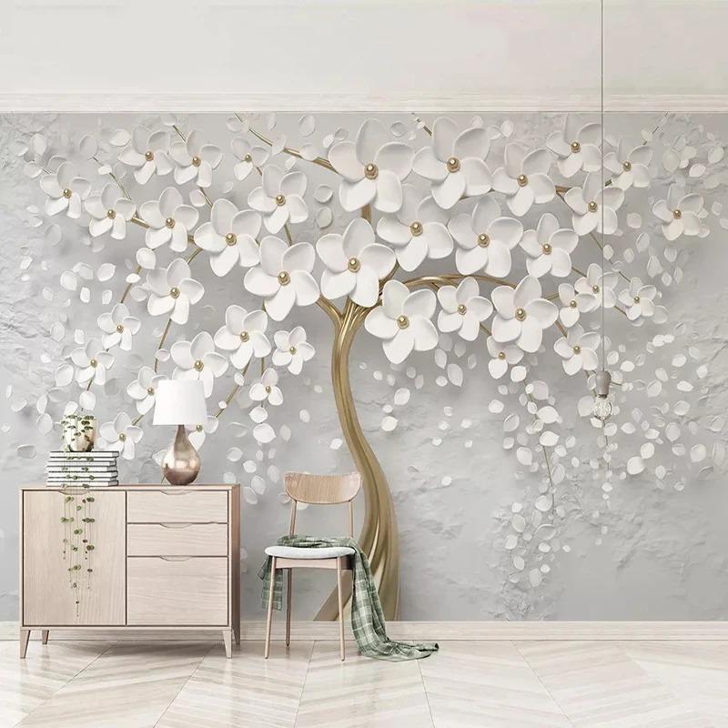 Papel Pintado Fotográfico Árbol Flores Blancas Salón Sofá Tv Dormitorio Pared de Fondo Murales Decoración del Hogar Fresco