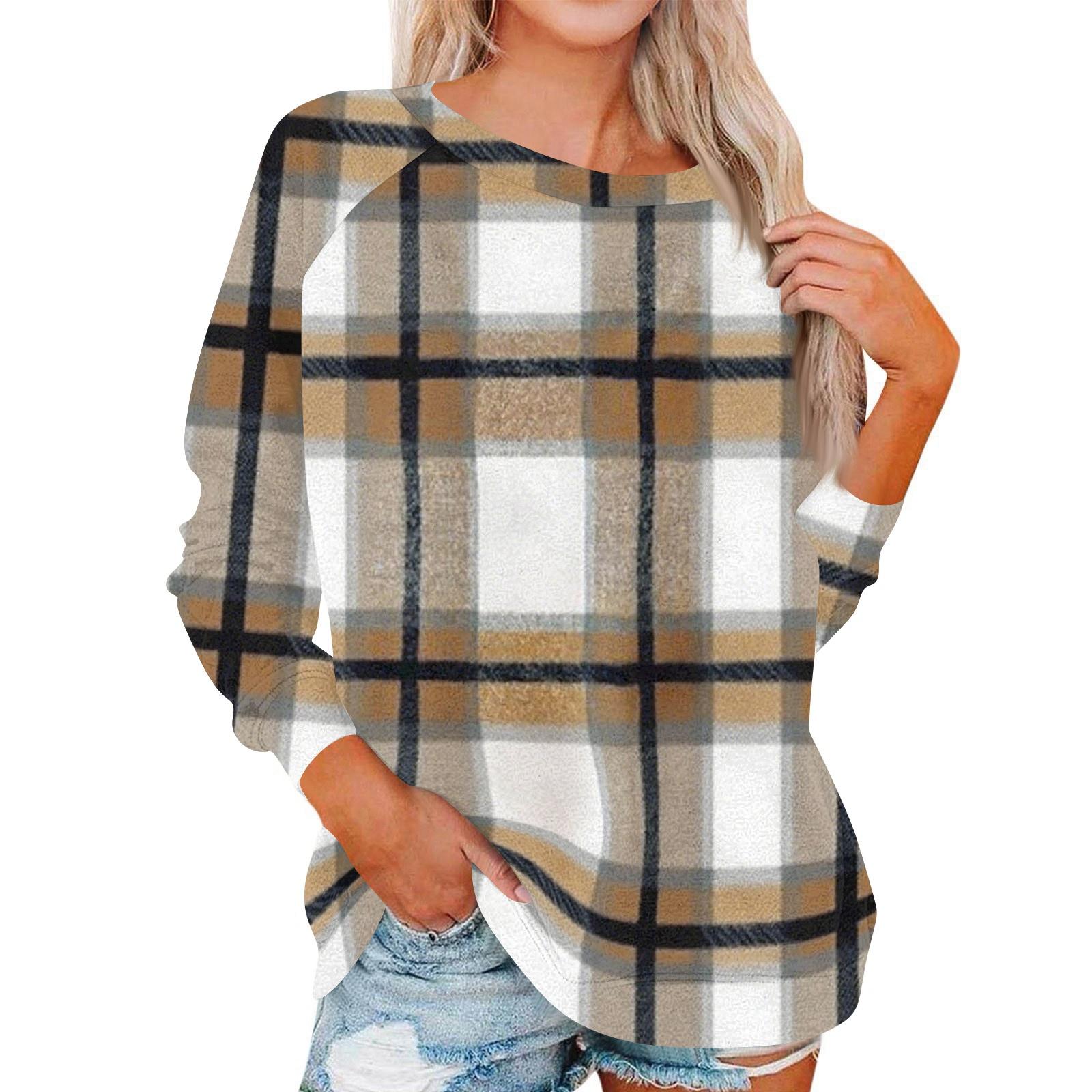 

Women s Fashionable Round Neck Shoulder Long Sleeved Printed Casual Pullover Top XL коричневий