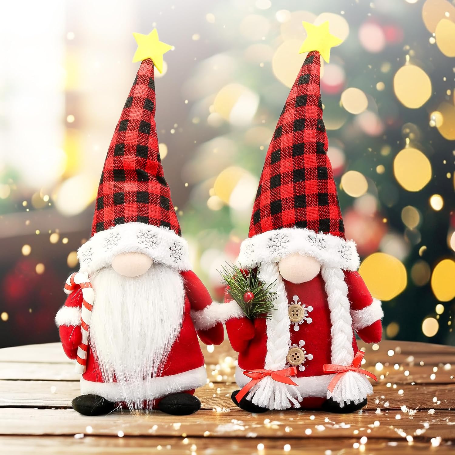 Lovinland Christmas Gnomes Plush Couple with Red Buffalo Check - Xmas Gnomes Elf Tomte Ornaments Doll - Christmas Decorations - Xmas Decorations for