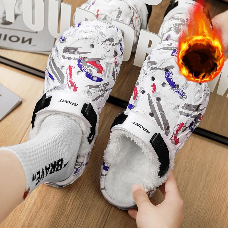 Herbst und Winter Herren Baumwoll-Schlupfschuhe mit Fleecefutter für draußen, Geschlossene warme Sandalenschuhe, Tägliche Schlupfschuhe