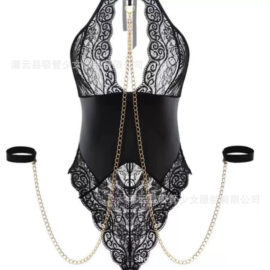Fun Underwear Chain Traction Sexy Perspective Patent Leather Lace Splicing Clothes Hanging Neck