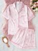 Teen Girls Silky Satin Bow Print Pajama Set Pink Piping Lapel Short Sleeve Top & Shorts Cool Elegant Summer Loungewear Sleep Outfit for 13-16Y