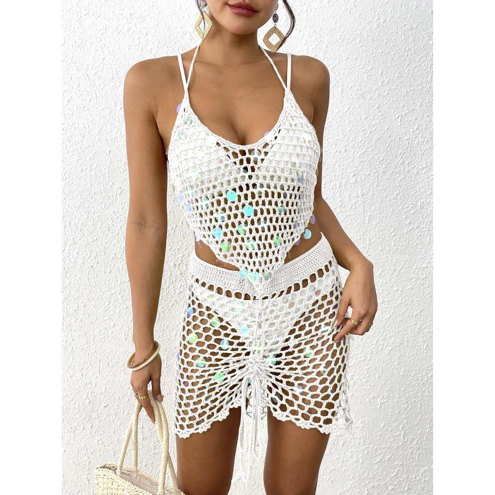 Beach Suit for Women's Vacation Beach Set, Pure Hand-hooked Sequined Bikini Two-piece Beach Smock