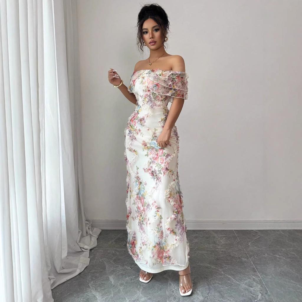 Tongyuan new women's elegant French floral flower print one-word shoulder long hip dress