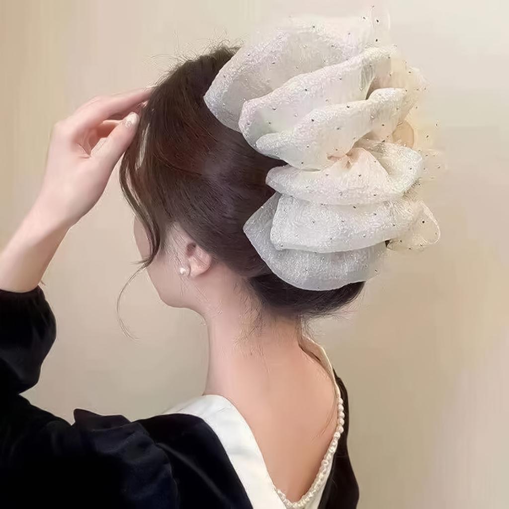 Women Mesh Hair Claw ClipDouble Layer Tulle Cloud Bubble Hair Claw Clip Ponytail Holder Large Shark Clip for Women Girls