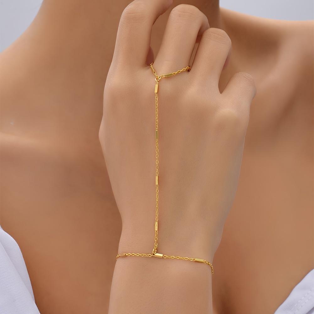 

Elegant Bohemian Style Fine Chain Link Bracelet Ring, Minimalist Hand Jewelry for Women