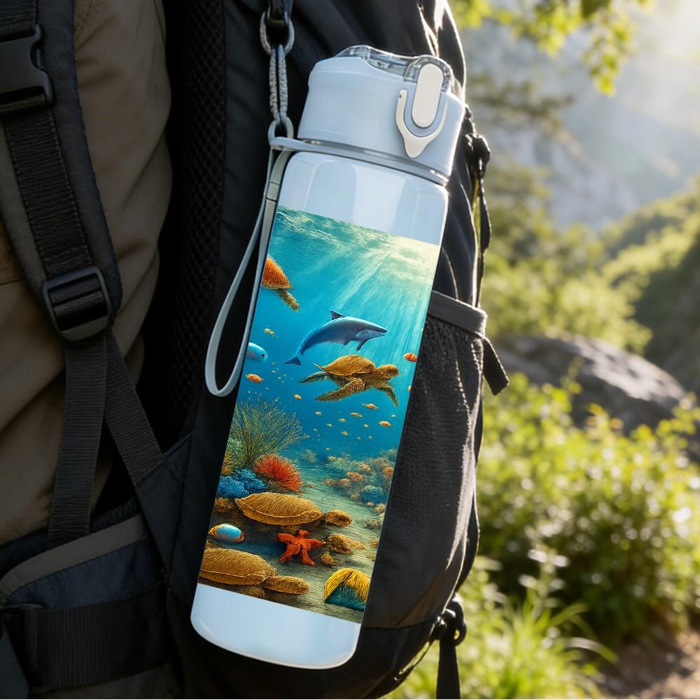1PC Underwater Ocean Fish Scene Print 750ml Color Plastic Sports Water Bottle Leakproof Flip Straw Lid Suitable for Sports Office Home Use