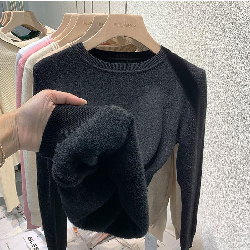 Fashion Fleece Warm Pullover Sweaters Women Autumn Winter Thick Long Sleeve Loose Knitted Sweater Woman Casual Base Jumper Knirwear Clothing 31070